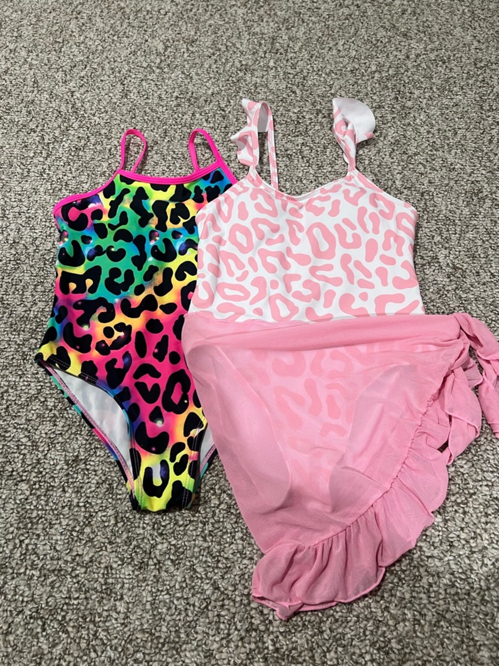 Girls Swimsuit Bundle 7-8Y One Piece Pink Leopard + Rainbow Leopard - Picture 2 of 7